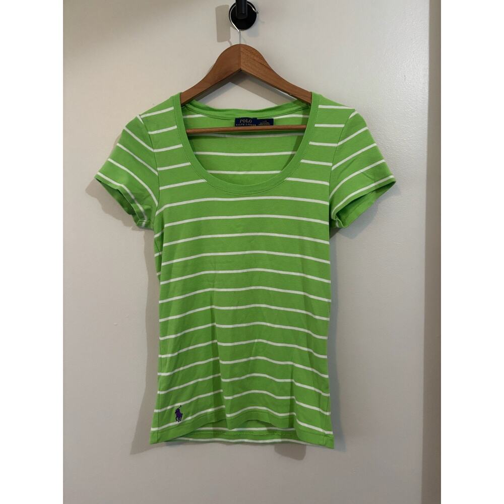 RALPH LAUREN women’s Neon Green With White Stripe, 100% Cotton T-shirt, Sz L